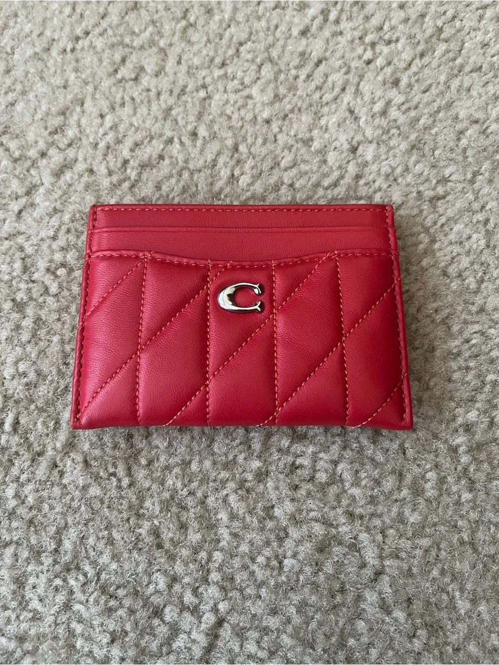 Coach Quilted Red Leather Card Holder with Silver C Logo